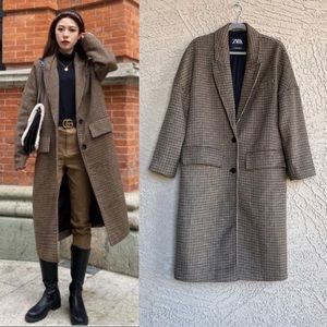 ZARA Blogger Fave Brown Tan Checkered Plaid Houndstooth Oversized Wool Coat Sz S